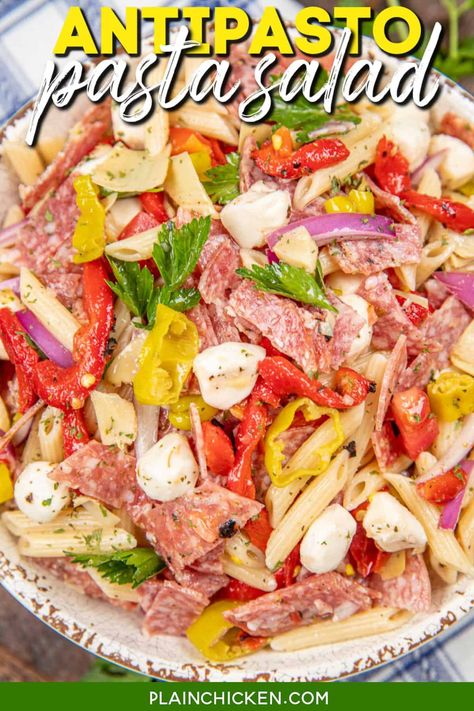 Antipasto Pasta Salad Recipe - tender pasta tossed with tomatoes, roasted red peppers, pepperoncini peppers, salami, fresh mozzarella pearls, and marinated artichoke hearts. Drizzled with homemade Italian dressing made from artichoke hearts liquid, red wine vinegar, garlic powder, and Italian seasoning, this salad is a burst of fresh, tangy goodness. Perfect for picnics, potlucks, or as a light summer meal. Antipasto Pasta Salad, Antipasto Pasta, Tomatoes Roasted, Antipasto Pasta Salads, Mozzarella Pearls, Homemade Italian Dressing, Slow Cooker Casserole, Pepperoncini Peppers, Antipasto Salad