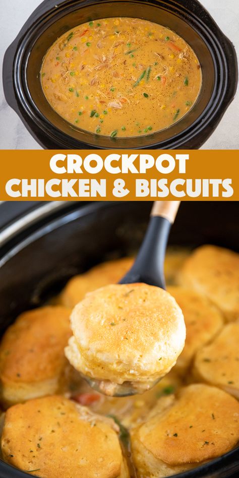 Crockpot Chicken and Biscuits - tender chicken and colorful mixed veggies simmered in a creamy seasoned sauce with buttery biscuits baked right on top. Crockpot Chicken Biscuits And Gravy, Chicken And Biscuit Crockpot, Chicken Chunks Recipe Crockpot, Chicken Biscuit Crockpot Recipes, Chicken And Biscuits Recipe Crockpot, Crockpot Chicken And Busicuts, Biscuits In The Crockpot, Chicken And Biscuit Casserole Crockpot, Crockpot Chicken Biscuits