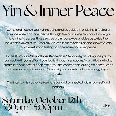 — YIN & INNER PEACE — Join Steph (Energy Healer & Yoga Teacher) for our October pop-up! “Experience balance, ease and inner peace through the nourishing practice of Yin Yoga.” ✨ Saturday October 12th ✨ 3:30 - 5:00pm ✨ $50 per person *Member discounts apply. ✨ Only 15 spots available! ✨ Book via the 🔗 in our bio Energy Healer, Yin Yoga, Yoga Teacher, Inner Peace, Pop Up, How To Apply, Yoga, Energy, Feelings