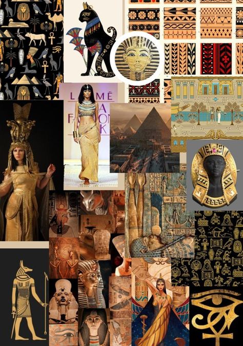 Ancient Egypt Mood Board, Egypt Mood Board, Egyptian Mood Board, Aesthetic Ancient Egypt, Egypt Inspired Fashion, Egyptian Aesthetic Ancient Egypt, Egypt Collage, Egyptian Textiles, Art Inspiration Board