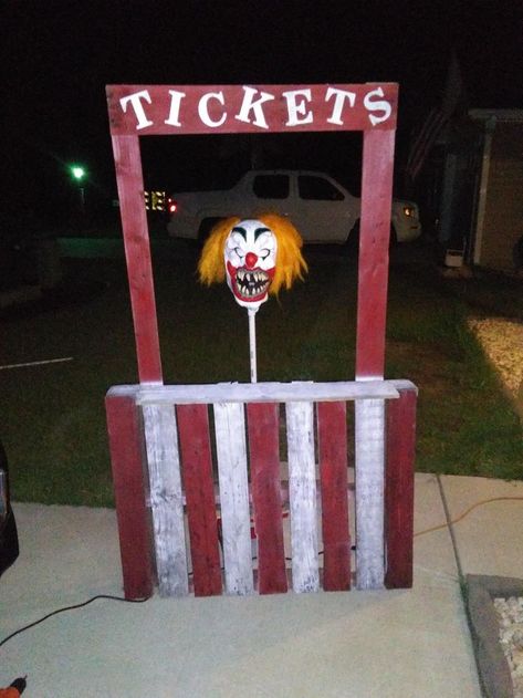 Halloween Ticket Booth, Ticket Booth Diy, Diy Ticket Booth, Diy Ticket, Circus Tickets, Creepy Circus, Outdoor Decoration Ideas, Booth Diy, Carnival Tickets