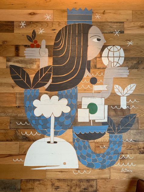 Wall mural found at a Starbuck’s coffeeshop on Hassert Blvd,  Naperville, IL Coffee Mural Art, Coffee Shop Murals, Coffee Shop Wall Mural Ideas, Coffee Mural Wall, Mural Coffee Shop Wall Art, Nitro Cold Brew, Bakery Logo, Bakery Logo Design, Disney Artwork