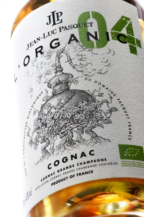 Cognac Jean-Luc Pasquet - L'Organic on Packaging of the World - Creative Package Design Gallery Distilling Alcohol, Wine Bottle Label Design, Organic Packaging, Beer Label Design, Alcohol Packaging, Bottle Label Design, Wine Label Design, Organic Wine, Beer Packaging