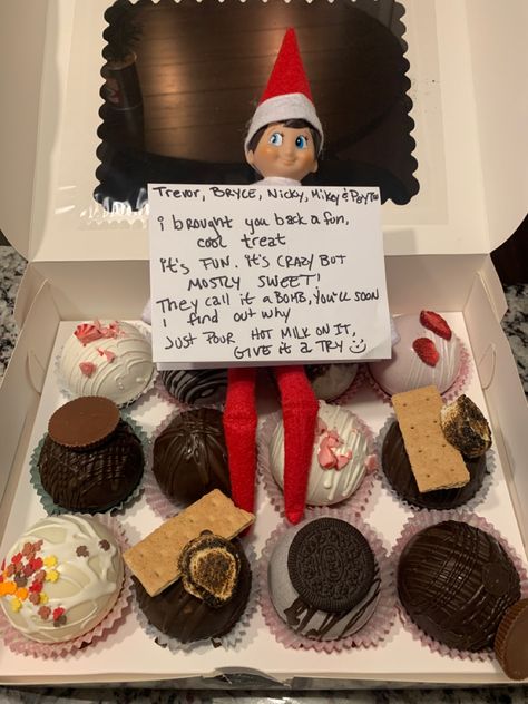 Elf On The Shelf Ideas Hot Cocoa Bomb, Elf On The Shelf Hot Chocolate, Hot Chocolate Bomb, Awesome Elf On The Shelf Ideas, Elf Activities, Elf Antics, Chocolate Coins, Santa Helper, Chocolate Bomb