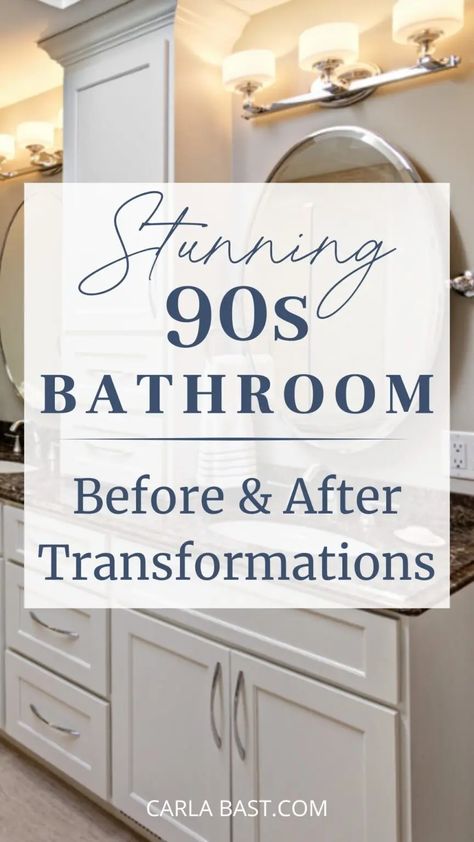 90s Bathroom Makeover Ideas | Carla Bast Design Small Bathroom Before And After, 90s Bathroom Update, Master Bathrooms 2024 Trends, 90s Bathroom Makeover, Primary Bathroom Remodel, 90s Bathroom, Primary Bathrooms, Cheap Bathroom Makeover, Bathroom Makeover Ideas