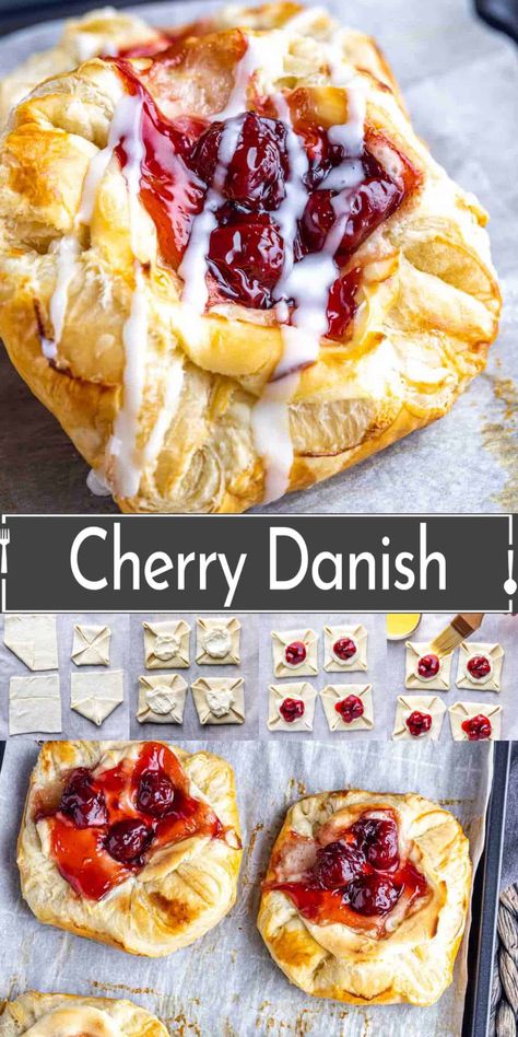 Looking for a delicious and easy recipe to impress your family and guests at breakfast or brunch? Look no further than our Cherry Danish recipe! Made with frozen pastry dough, cherry pie filling this cream cheese danish recipe is the perfect way to indulge in a homemade breakfast pastry. Make them for a simple breakfast or a brunch with friends and family. They make a great addition to Easter brunch or Mother's day brunch. Easy Breakfast Cheese Danish, Cherry Danish Recipe, Cherry Danish, Cream Cheese Danish Recipe, Easy Christmas Breakfast, Danish Pastries, Danish Recipe, Breakfast Pastry, Cream Cheese Danish