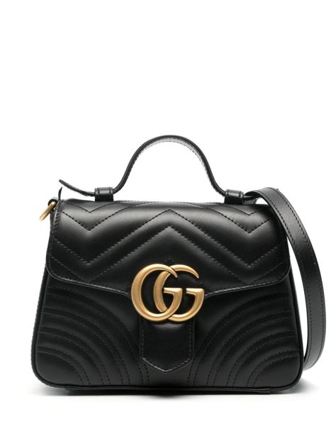 black leather smooth grain matelassé effect single top handle detachable leather and chain-link shoulder strap foldover top with signature Double G plaque main compartment internal slip pocket debossed internal logo gold-tone hardware concealed clasp fastening Gg Marmont Bag, Gucci Mini Bag, Gucci Handbags Outlet, Gucci Mini, نظارات شمسية, Gucci Gg Marmont, Buy Gucci, Gg Marmont, Van Cleef Arpels