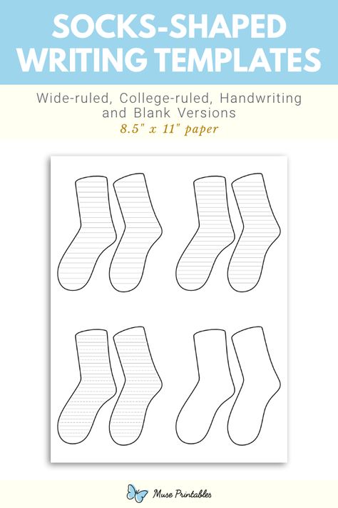 Free printable socks-shaped writing templates. This PDF download includes wide ruled, narrow ruled, handwriting, and blank versions. Download the templates at https://museprintables.com/download/writing-template/socks-shaped/ Sock Template Free Printable, Socks Printable, Sock Template, Writing Paper Template, Handwriting Lines, Lined Writing Paper, Writing Template, Template Free Printable, Writing Templates