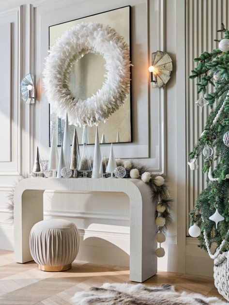 Modern Console Table Entryway, Glam Table, Antiqued Mirror, White Christmas Ornaments, Metal Console Table, Pom Garland, Modern Christmas Decor, Glass Console Table, Glass Tree