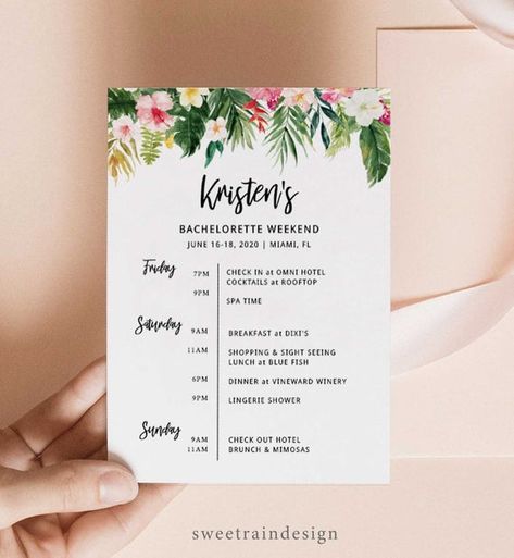 Tropical Bachelorette Itinerary Template, Han Party Itinerary, Bachelorette Party Itinerary Beach, Bachelorette Weekend Itinerary Printable Luau Bachelorette Party, Itinerary Template Free, Bachelorette Party Itinerary Template, Hens Weekend, Moh Duties, Wedding Itinerary Template, Tropical Bachelorette Party, Party Itinerary, Bachelorette Party Itinerary