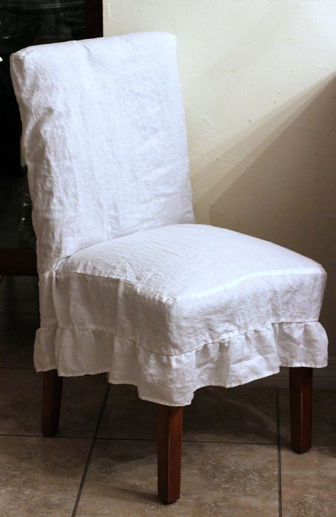 Protect your upholstered dining room chairs with these beautiful, ruffled chair covers. Shabby looking, stonewashed, 100%  flax linen. Available in  white and natural flax color. Large size covers measure about 23 inches wide x  24 inches deep (fits chair seat 18 -21 inches in width and 17-22 inches in depth)  Total length: 40.5 inches. Length from seat to top of chair is about 27 inches. This listing is for one slipcover. Padding not included. Covers are pre-washed and won't shrink. These cover Parson Chair Covers, Ruffled Chair Covers, Upholstered Dining Room Chairs, Dorm Chairs, Linen Chair Covers, Chair Covers Slipcover, Linen Dining Chairs, Dining Room Chairs Upholstered, Seat Covers For Chairs