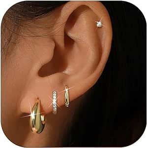 BESTEEL 4 Pairs Gold Silver Hoop Earrings Set for Women Small 14K Gold Filled Dainty Cartilage Huggie Earring Set for Multiple Piercing Hypoallergenic Flat Back Stud Earring Stacks Earrings Sets For Multiple Piercings, Multiple Piercings Earrings, Earring Combo, Earring Stacks, Helix Jewelry, Amazon Jewelry, Huggie Earring, Hoop Earring Sets, Stacked Jewelry