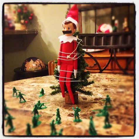 Elf On The Shelf Ideas Army Men, Elf On The Shelf Army Men, Geneva Convention, Elf Ideas Easy, Bad Elf, Elf Antics, Bad Barbie, Elf Ideas, Army Men