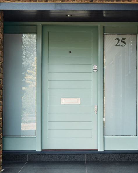 This beautiful contemporary external door incorporates horizontal pannelling mirrors for a sleek and sophisticated appeareance. Finished in Calm Green from our unique palette of paint colours. Calm Green, Composite Front Door, Stylish Doors, Door Company, Grey Tiles, External Doors, Front Entrance, Front Entrances, Paint Colours