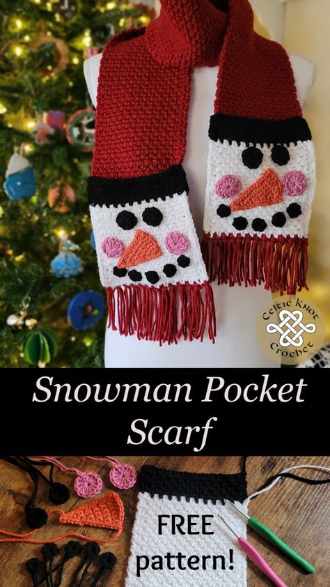 Crochet Snowman Scarf - FREE Pattern -Celtic Knot Crochet Snowman Scarf Pattern, Crochet Scarf Pattern Free Easy, Scarf Crochet Patterns, Santa Scarf, Bright Crochet, Crochet Scarf Easy, Snowman Scarf, Crochet Cowl Free Pattern, Crochet Socks Pattern