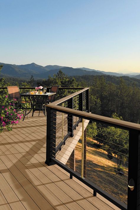 Trek Patio Ideas, Deck Trends 2023, Deck With A View, Extended Deck Ideas, Timbertech Tigerwood Deck, Timber Tech Coconut Husk Deck, Mountain Deck Ideas, Coconut Husk Timbertech, Timber Tech Deck Ideas