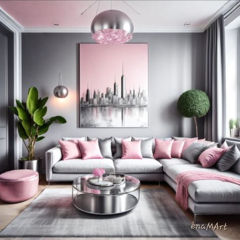 Gray Rooms, Pink And Grey Room, Living Room Decor Gray, Home Design Living Room, Stylish Living Room, Living Room Grey, Wall Deco, Ideas Living, Sofa Design