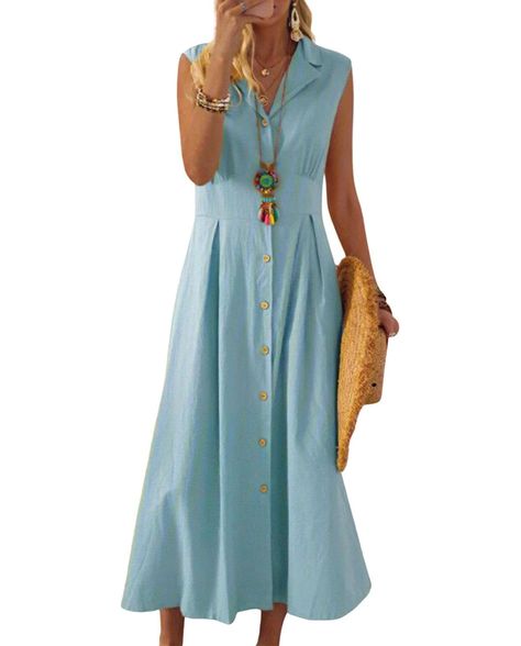 Dresses Korean Style, Sleeveless Outfit, Elegant Party Dresses, Maxi Robes, Linen Style, Turndown Collar, Collar Designs, Midi Shirt Dress, Mid Length Dresses