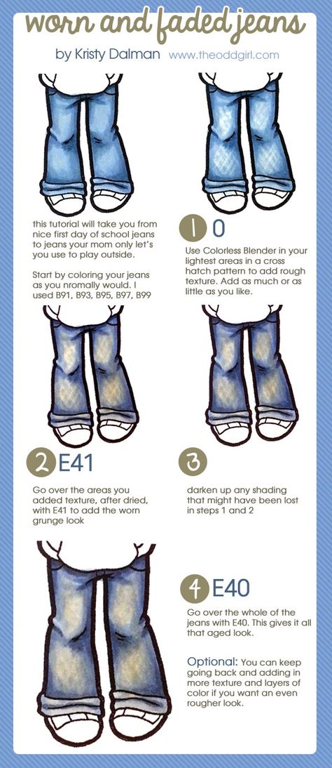 How To Color Jeans Drawing, Grungy Jeans, Copic Tips, Copic Techniques, Marker Tips, Colouring Tips, Jeans Texture, Colouring Tutorial, Copic Tutorials