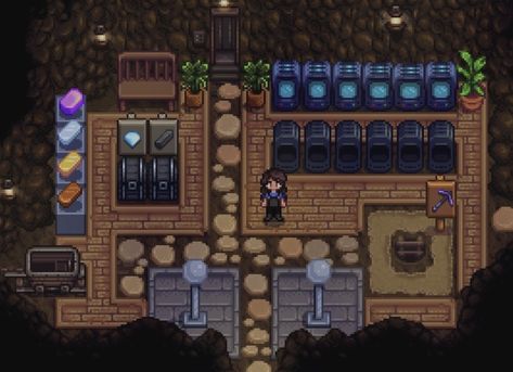 Stardew Furnace Area, Stardew Valley Mining Farm Layout, Mining Stardew Valley, Stardew Valley Mining Tips, Stardew Mine Decor, Monster Farm Stardew Valley, Mines Stardew Valley, Stardew Valley Forge, Stardew Design Ideas