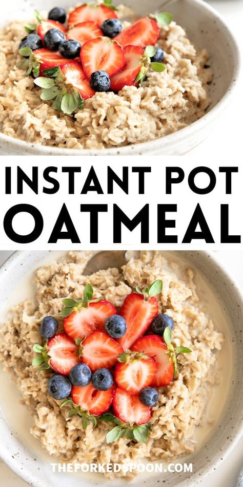 Instant Pot Oatmeal is an easy and delicious breakfast that's ready in minutes! Made with old-fashioned rolled oats, water, and a pinch of salt, enjoy yours with a splash of milk, fresh fruit, and a drizzle of honey. Oatmeal Instant Pot, Instant Pot Oatmeal, Old Fashioned Oatmeal, Cooking Oatmeal, Cocoa Nibs, Nuts & Seeds, Dairy Free Milk, Dairy Milk, Quick Oats