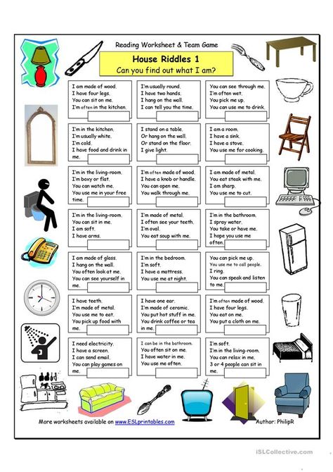 House Riddles (1) - Easy - English ESL Worksheets for distance learning and physical classrooms Middle School Riddles, School Riddles, English Riddles, Fun Riddles, Ingles Kids, English Exercises, English Games, Speaking Activities, Activities Worksheet