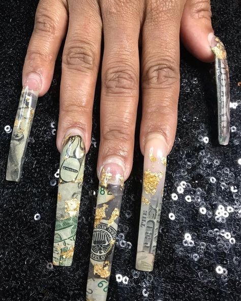 Long Money Nails, Nail Tech Inspiration, Money Nail Set, Money Sign Nails, Money Acrylic Nails, Money Nails Acrylic, Birthday Nails Long, Nails Money, Money Nails Designs