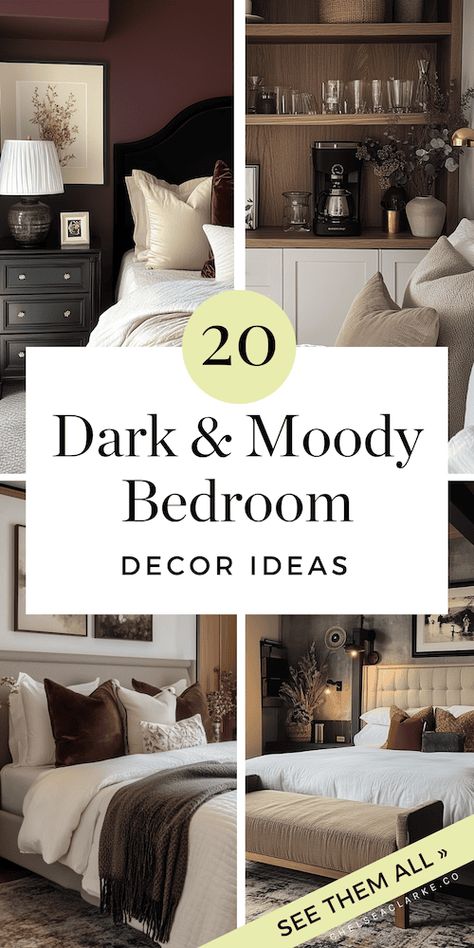 Looking to give your bedroom a makeover that feels dramatic, cozy, and oh-so-stylish? Check out these 20 inspiring moody bedroom decor ideas. This article has all the inspiration you need. From bold accent walls to lighting that sets the perfect mood, each idea is designed to make your bedroom feel super luxurious. You’ll find tips on everything from picking the perfect moody paint color to choosing the right furniture and decor pieces that bring warmth and personality to your space. Want to ... Master Bedrooms With Dark Walls, Owners Suite Decor Ideas, King Size Bed Bedroom Ideas, Dark Brown Moody Bedroom, Model Home Bedroom Ideas, Hotel Feel Bedroom Inspiration, Beige Moody Bedroom, Bold Bedroom Decor, Moody Paint Colors For Bedroom