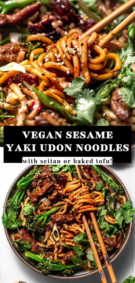 The vegan sesame yaki udon noodles are an easy and quick weeknight dinner. This stir fry has soft slurp-able udon noodles, high protein seitan 'beef' (or baked tofu), and broccolini all tossed in a sesame sauce. You could substitute in regular broccoli, rice noodles or another type of noodle you love! Top with cilantro and green onion for the perfect easy vegetarian & vegan dinner, lunch, or date night recipe. Vegan Yaki Udon, Broccoli Rice Noodles, Beef Udon Noodles, Seitan Beef, Vegan Udon, Beef Udon, Sesame Beef, Yaki Udon, Vegan Noodles