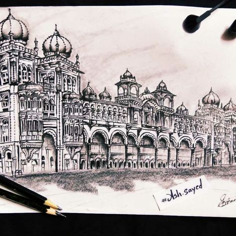 A pencil sketch of Mysore Palace the one of the greatest heritage site of India Indian Palace Drawing, Mysore Palace Sketch, Mysore Palace Drawing, Building Sketches, Historical Sketches, Hotel Pics, Urban Drawing, Sweet Drawing, Temple Painting