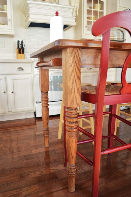 the stair balusters used for the legs (from Home Depot) to make this table an island that was the right height. Raising A Table To Counter Height, Raise Table Height Diy, How To Add Height To A Table, Counter Height Table Diy, Add Height To Table, Counter Height Table In Kitchen, Diy Counter Height Table, Railing Spindles, Bar Height Kitchen Table