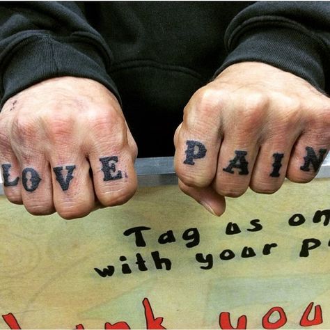 Sara Hadskey Tattoos  Love/pain on the knuckles! Finger Letter Tattoos, Splatter Tattoo, Knuckles Tattoo, Love Finger Tattoo, Knuckle Tattoo, Finger Tats, Knuckle Tattoos, Love Pain, Tattoo Lettering Fonts