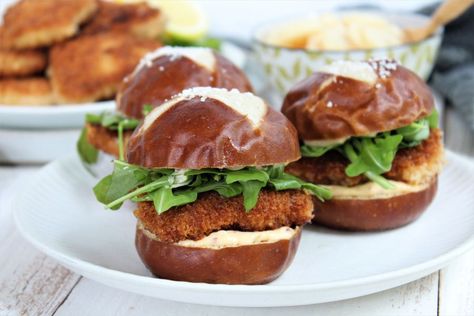 Easy Mini Meatloaf, Schnitzel Sandwich, Dijon Aioli, Mini Meatloaf Muffins, Dill Pickle Dip, Slider Rolls, Meatball Sliders, Lunch Restaurant, Pretzel Bun