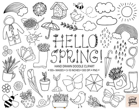 Spring Bullet Journal Theme, Spring Doodles, Rain Bullet Journal Theme, Printemps Zentangle Pattern, Bullet Journal Avril, Collage Nature, Garden Bullet Journal, Doodle Clipart, Spring Illustration