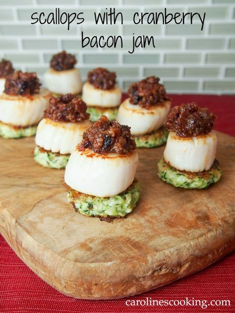 Scallops with cranberry bacon jam make for a stunning and delicious appetizer. Perfect for holiday entertaining or any excuse. Easy to make too. via @carolinescookng Holiday Seafood Recipes, Scallop Appetizer, Bacon Jam, Christmas Dishes, Easy Appetizer Recipes, Holiday Entertaining, Seafood Dishes, Yummy Appetizers, Appetizers Easy