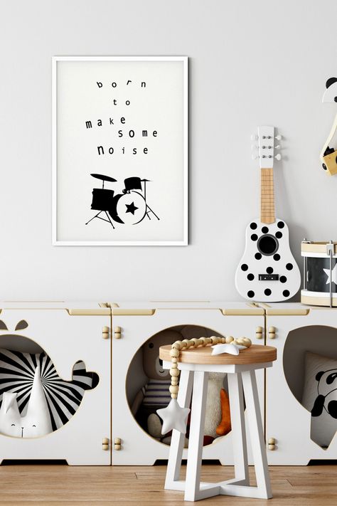 black and white kids nursery print reads Born to Make Some Noise with an image of a set of drums Rocker Nursery Theme, Musical Nursery Theme, Rock Nursery Theme, Music Inspired Nursery, Music Themed Baby Room, Punk Rock Nursery, Rock And Roll Nursery Theme, Music Nursery Theme, Rock N Roll Nursery