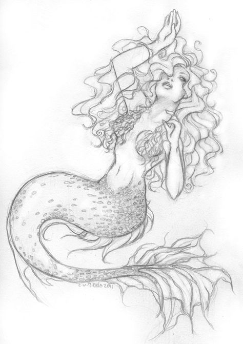 Curly Hair Mermaid Drawing, Mermaid With Curly Hair Tattoo, Curly Hair Mermaid Tattoo, Mermaid Sketch, Mermaid Tattoo Designs, Mermaid Artwork, Tattoos Mandala, Fantasy Mermaids, Mermaid Drawings