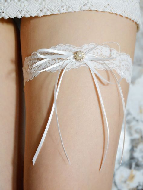 White    Lace Plain Garters Embellished   Weddings & Events Wedding Lengire, White Wedding Lingerie, White Lace Garter, Elegant Veils, Bride Garter, Bridal Anklet, White Garters, Wedding Rituals, Pearl Decor