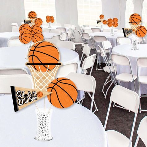 Basketball Centerpieces, Basketball Party Decorations, Party Centerpieces Diy, Sports Centerpieces, Basketball Theme Birthday, Basketball Baby Shower, Paper Centerpieces, Banquet Centerpieces, Simple Table Decorations