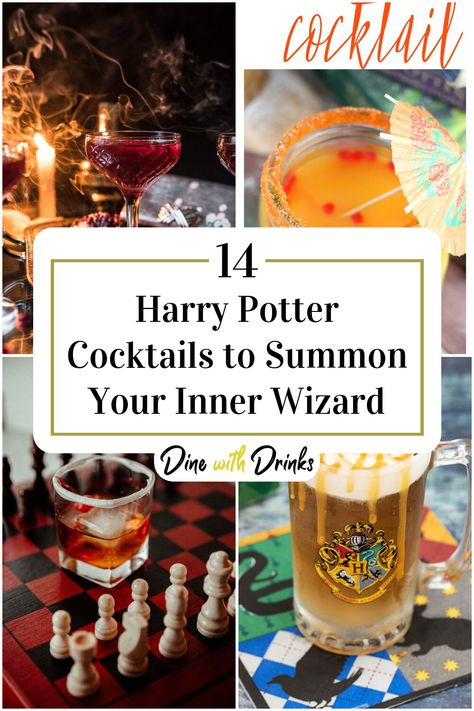 Collage of 4 harry potter cocktails. Harry Potter Party Cocktails, Golden Snitch Drink, Harry Potter Firewhiskey, Hufflepuff Themed Drinks, Easy Harry Potter Cocktails, Harry Potter Themed Alcoholic Drinks, Harry Potter Cocktails Alcohol, Harry Potter Alcoholic Drinks Recipes, Easy Harry Potter Recipes