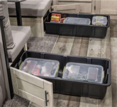 Travel Trailer Storage Ideas Rv Living, Rv Under Storage Organization, Jayco Travel Trailer Storage Ideas, Organizing Camper Cabinets, Travel Trailer Closet Ideas, Rv Hanging Storage Ideas, Kids Clothes Storage In Travel Trailer, Rv Tv Storage Ideas, Rv Dinette Storage Ideas