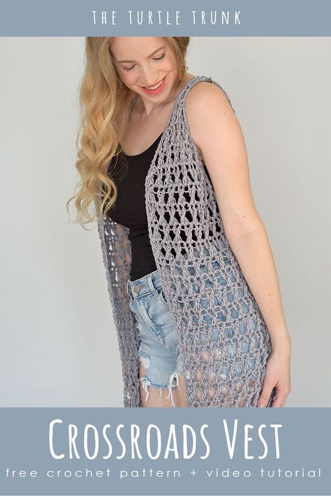 Pinterest pin for the Crossroads Vest crochet pattern by The Turtle Trunk Summer Vest Crochet, Crochet Farmhouse, Crochet Zig Zag, Crocheted Gifts, Crochet Vest Pattern Free, Cardigans Crochet, Crocheted Vest, Crochet Vests, Easy Crochet Headbands