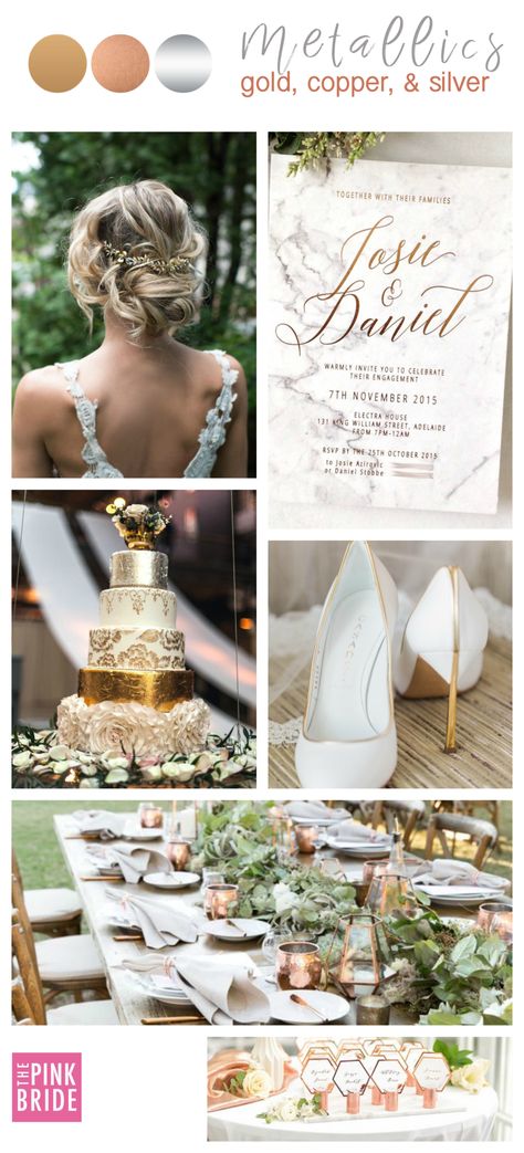 Metallics Wedding Color Palette With Gold Silver And Copper Details | The Pink Bride®️️ www.thepinkbride.com Rose Gold Wedding Palette, Metallic Wedding Colors, Wedding Color Schemes Gold, Color Palette With Gold, Wedding Colors Schemes, Mixed Metals Wedding, Pillar Candles Wedding, Gold Wedding Colors, Metallic Wedding