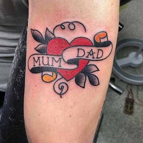 Mom and Dad Heart Tattoo Dad Heart Tattoo, Mum And Dad Tattoos, Mom Heart Tattoo, Mom Dad Tattoo Designs, Love Heart Tattoo, Mum Tattoo, Raccoon Tattoo, Black Line Tattoo, Dad Tattoo