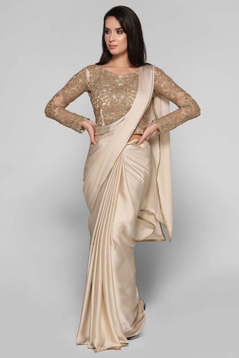 Satin Saree Styling Ideas, Net Saree Blouse Designs, Net Saree Blouse, Embellished Saree, Satin Lehenga, Indian Clothing Brands, Party Wears, Golden Saree, Asian Clothing