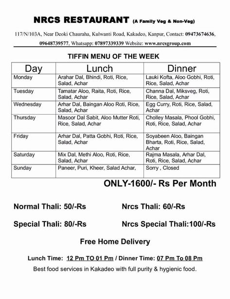 Tiffin Service Menu Card, Tiffin Service Poster Ideas, Tiffin Service Menu Card Indian, Tiffin Menu, Tiffin Service, Menu Card Design, Weekly Menu Planners, Tiffin Box, Food Chart