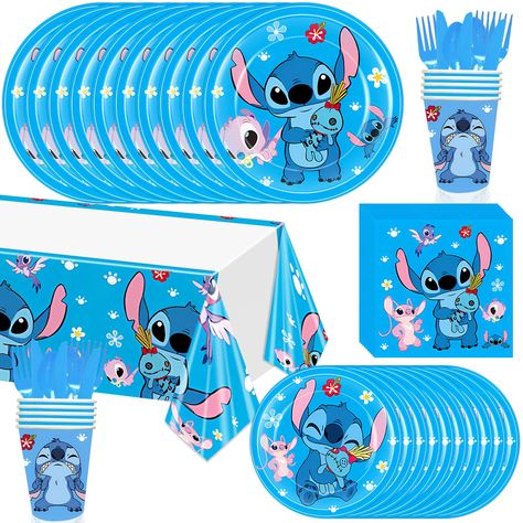 PRICES MAY VARY. Stitch Tableware Set: Stitch dinnerware set includes 10pcs 9 inch plates, 10pcs 7 inch plates, 20pcs napkins ( 6.7*6.7inches), 10pcs Cups, 10pcs plastic forks, 10pcs plastic knife, 10pcs plastic spoons, 1pcs tablecloth (40.5 x 70.8 inches), match for stitch party needs. Safe Material: Stitch dinner plates and napkins are made of high quality paper, non-toxic, sturdy, not easily break, safe to use. The tablecloth is made of PVC material, waterproof and durable, which can protect Stitch Hawaiian Party, Stitch Baby Shower Theme Boy, Stitch Decorations Party, Stitch Birthday Ideas, Stitch Party Ideas, Stitch Themed Birthday Party, Stitch Birthday Party Ideas, Lilo And Stitch Birthday Party, Stitch Birthday Party