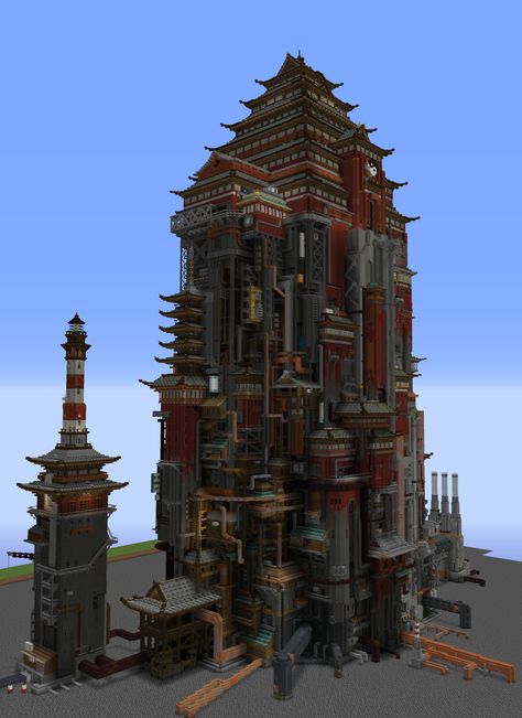 “50% done #Minecraft” Japanese Steampunk Minecraft, Japanese Steampunk, Cyberpunk Architecture, Minecraft Japanese House, Minecraft Japanese, Minecraft Create, Minecraft Steampunk, Rumah Minecraft Sederhana, Steampunk City