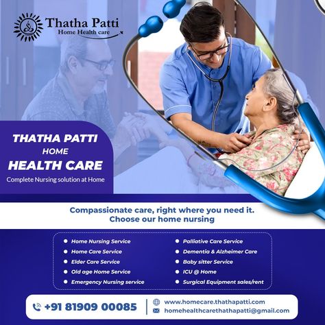 ✨THATHA PATTI HOME HEALTHCARE 🏚️Complete Nursing solution at Home 🌟Compassionate Care, right where you need it. Choose our home nursing.🌟 ✅Home Nursing Service ✅Home Care Service ✅Elder Care Service ✅Old age Home Service ✅Emergency Nursing Service ✅Palliative Care Service ✅Dementia & Alzheimer Care ✅ Babysitter Service ✅ICU @ Home ✅Surgical Equipment sales/rent . For More Details Contact us📞:+91 81909 00085 Website: https://homecare.thathapatti.com/ E-Mail: homehealthcarethathapatti@gmail.... Surgical Equipment, Home Nursing Services, Alzheimer Care, Elder Care, Emergency Nursing, Palliative Care, Senior Home Care, Home Health Care, Elderly Care