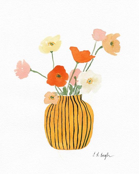 original watercolor and gouache poppy flowers in a striped yellow vase! floral wall art, hand painted flowers Watercolor Vase Painting, Flower In Vase Watercolor, Flowers Painting Ideas Easy, Poppy Illustration Simple, Poppy Flowers Paintings, Poppy Drawings, Watercolor Art For Beginners Flowers, Gouache Painting Easy, Aquarel Painting